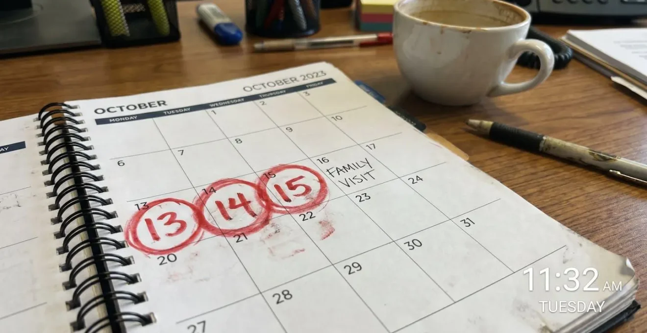 Gros plan sur un calendrier de bureau avec dates entourées en rouge et annotation manuscrite concernant la réception du Kbis