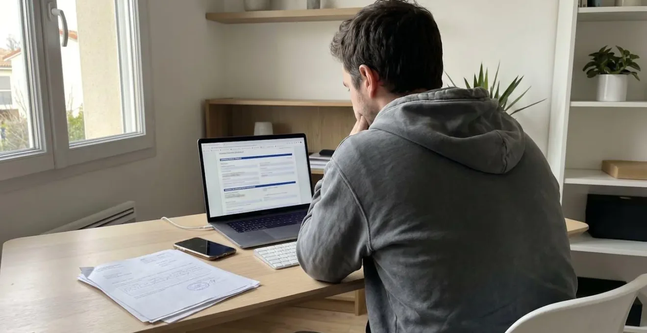 Personne de dos assise à son bureau complétant un formulaire administratif sur ordinateur portable, avec documents officiels et smartphone à proximité dans un intérieur contemporain lumineux