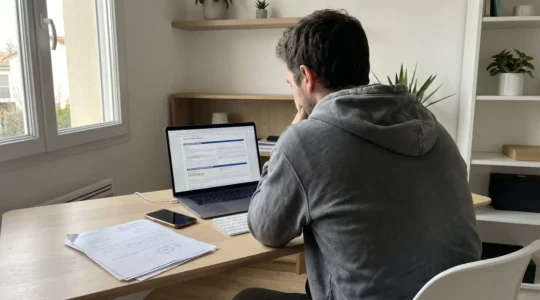 Personne de dos assise à son bureau complétant un formulaire administratif sur ordinateur portable, avec documents officiels et smartphone à proximité dans un intérieur contemporain lumineux