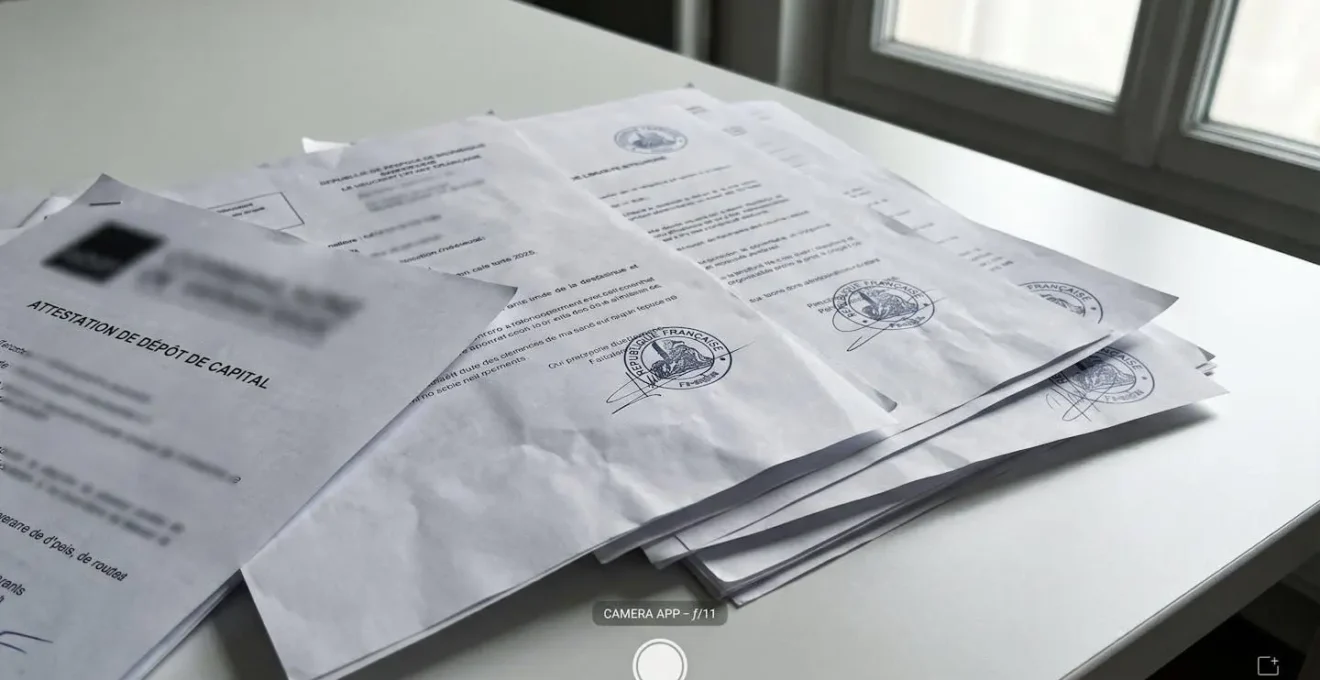 Pile de documents administratifs officiels avec cachets et signatures visibles, incluant attestation de dépôt de capital