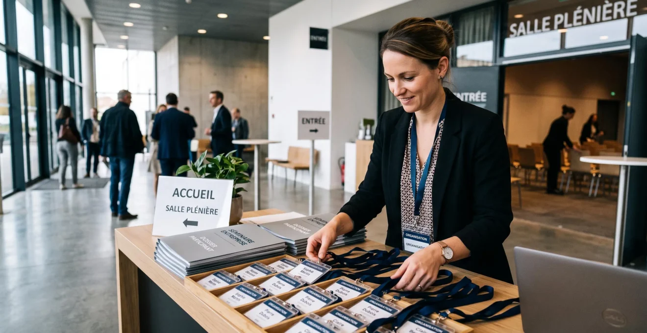 Coordinateur événementiel organisant la logistique d'un séminaire, vérification de badges nominatifs et documentation participants disposés sur table
