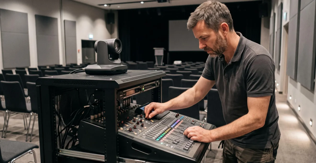 Technicien installant un système de visioconférence professionnel dans une salle de séminaire, manipulation active d'équipements audiovisuels haut de gamme